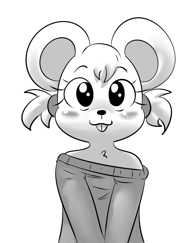 anthro blush buckteeth child clothing cute eyelashes female greyscale looking_at_viewer mammal monochrome mouse mousey_(ttda) off_shoulder rodent sheetstane solo sweater teeth try_to_date_animals young