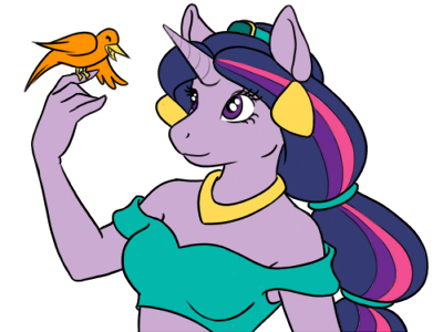 2012 4:3 aladdin anthro anthrofied avian bird breasts bust_portrait crossover disney equine female friendship_is_magic hair halter_top horn jasmine_(aladdin) jewelry kierstal low_res mammal midriff multicolored_hair my_little_pony necklace portrait purple_eyes simple_background smile solo twilight_sparkle_(mlp) unicorn white_background