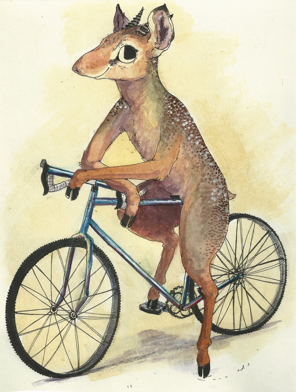 2015 ambiguous_gender antelope anthro bicycle dik-dik goat-soap hooves horn looking_at_viewer mammal nude semi-anthro smile solo traditional_media_(artwork) wheels