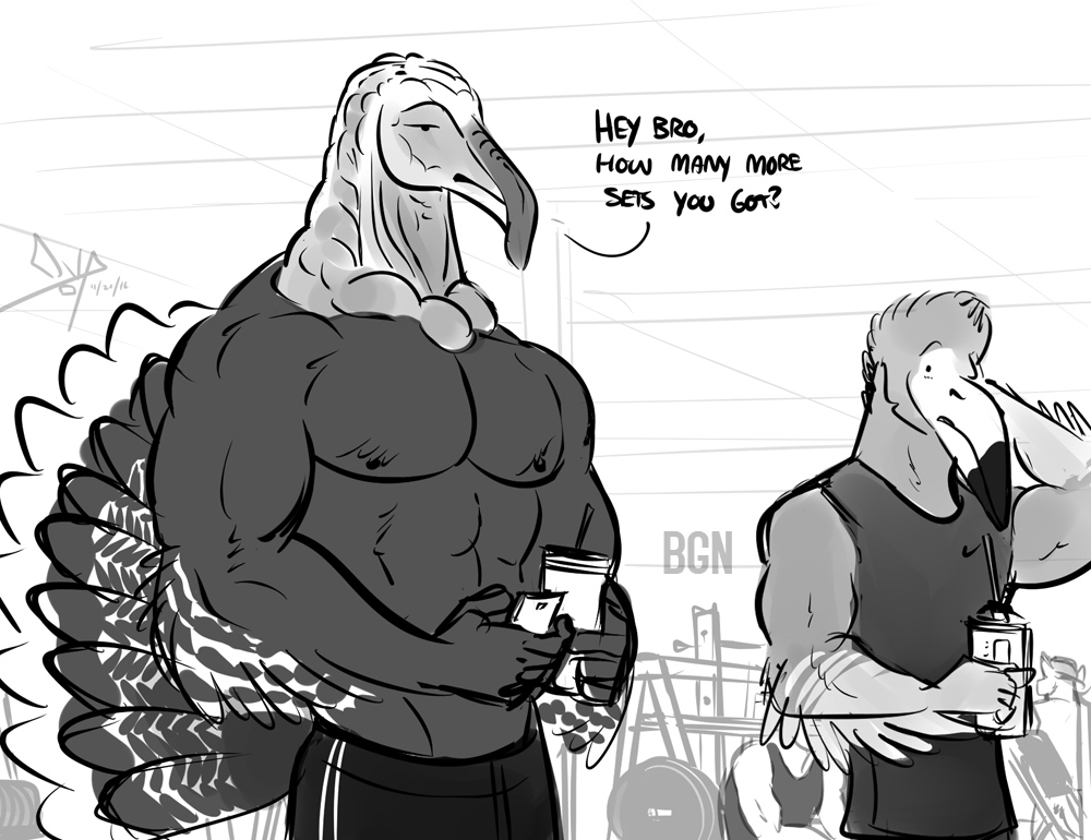 2016 ? abs anthro avian beak bgn biceps big_muscles biped bird cellphone clothed clothing cup detailed_background dialogue digital_media_(artwork) dot_eyes duo dylan_(bgn) english_text feathers flamingo greyscale gym holding_cup holding_object holding_phone larger_anthro larger_male male monochrome muscular muscular_male nipples pecs phone shirt signature size_difference smaller_anthro smaller_male standing tank_top text topless turkey