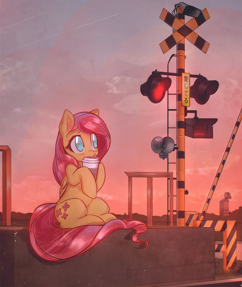 2017 beverage blush cloud coffee coffee_cup cutie_mark equine feathered_wings feathers fluttershy_(mlp) friendship_is_magic hair japanese_text ladder light long_hair mammal mirroredsea my_little_pony outside pegasus pink_hair pole sign sitting solo speaker stripes teal_eyes text wings