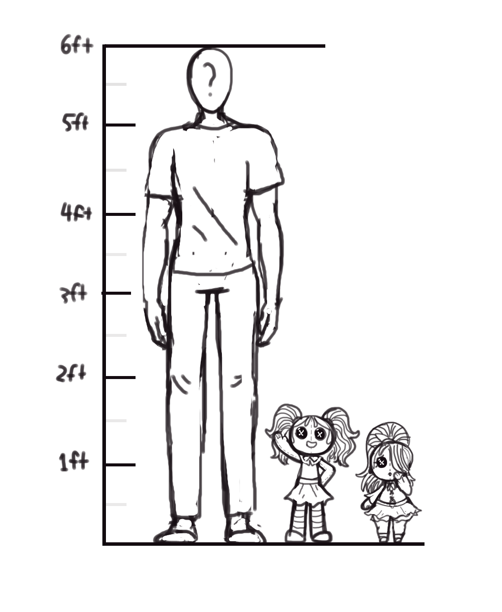 ? animate_inanimate anon black_and_white button_eyes clothing dress female glum_plum group hair hair_over_eye height_chart human larger_male living_doll male mammal monochrome outta_sync rubilocks size_difference smaller_female waving