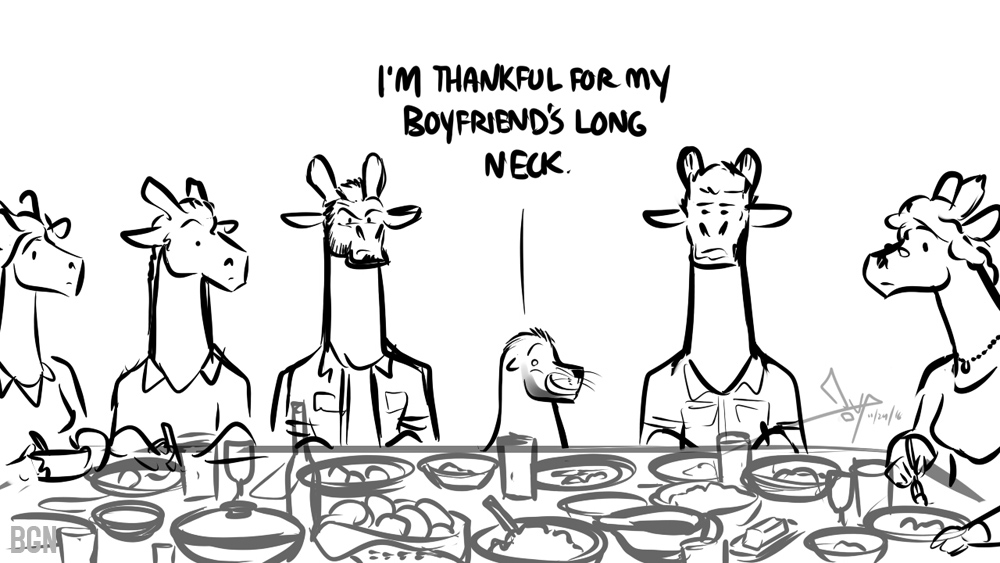 2016 annoyed anthro beard bgn black_and_white bottle bowl clothed clothing digital_media_(artwork) dinner dot_eyes english_text eyebrows eyewear facial_hair female food giraffe glass glasses grin group hair holidays jewelry logan_(bgn) long_neck male mammal marine mendo_(bgn) monochrome necklace pinniped plate sea_lion shirt signature simple_background smile table text thanksgiving whiskers white_background