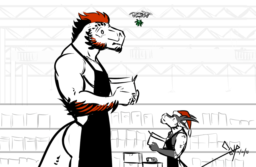 2015 animated anthro apron bgn biped black_and_white box cardboard_box chip_(bgn) christmas clothed clothing digital_media_(artwork) dinosaur dragon drone duo hat holding_object holidays horn inside larger_anthro larger_male male mistletoe monochrome naked_apron plant santa_hat scalie side_view signature size_difference smaller_anthro smaller_male snout spot_color standing theropod thick_tail ty_(bgn) tyrannosaurus_rex