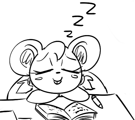 anthro black_and_white blush_sticker book buckteeth cute eyelashes female low_res mammal monochrome mouse mousey_(ttda) pencil_(object) pigtails rodent sheetstane sleeping smile solo sound_effects teeth try_to_date_animals zzz