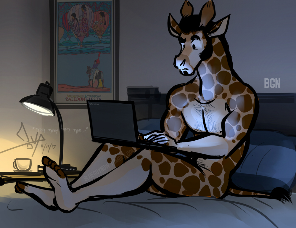 2017 5_toes anthro barefoot bed bedroom bgn biped black_eyebrows black_eyes black_hair body_hair brown_fur brown_spots brown_tail chest_hair computer derrick_(bgn) detailed_background digital_media_(artwork) dot_eyes eyebrows feet fur giraffe hair humanoid_feet inside lamp laptop male mammal multicolored_fur multicolored_tail nude on_bed pillow poster raised_eyebrow signature snout soles solo spots spotted_fur tail_tuft tan_fur tan_tail toes tuft two_tone_fur two_tone_tail url white_fur