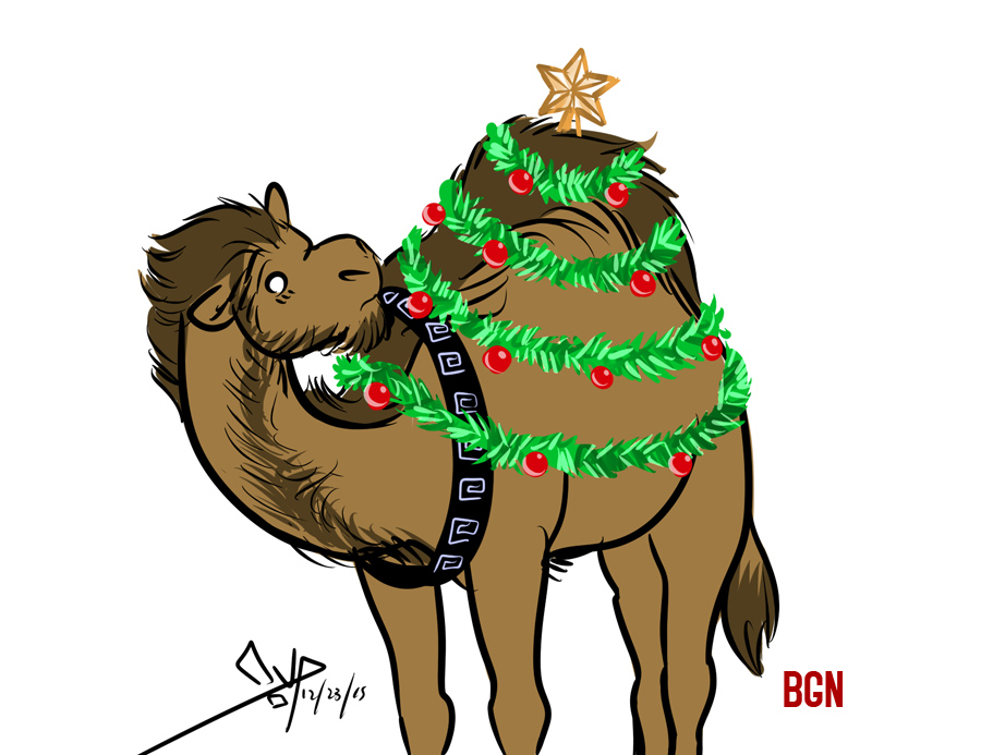 2015 aquarius_(character) bgn brown_fur camel camelid christmas digital_media_(artwork) feral fur holidays long_neck male mammal quadruped side_view signature simple_background snout solo tail_tuft tuft white_background