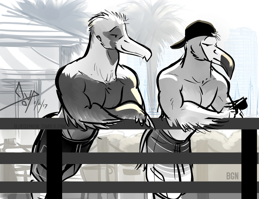 2017 anthro avian backwards_baseball_cap baseball_cap beak bgn biped bird clothed clothing detailed_background digital_media_(artwork) duo dylan_(bgn) eyebrows eyewear fence flamingo front_view greyscale hat holding_object leaning leaning_forward male monochrome pelican shorts signature sunglasses topless tree url