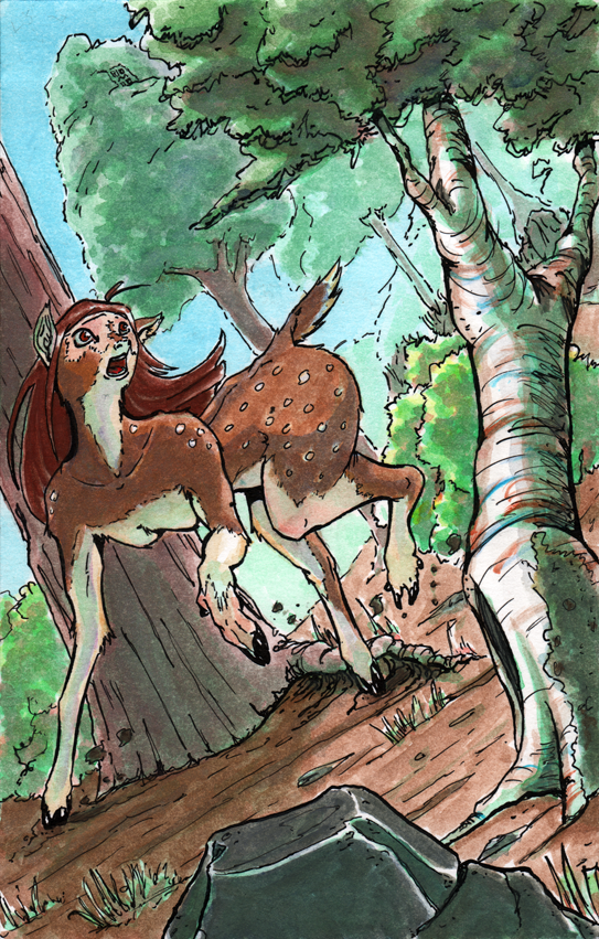 2012 anthro breasts brown_hair cervine comictf_(artist) deer detailed_background dutch_angle female forest hair mammal nude open_mouth rock scared solo transformation tree