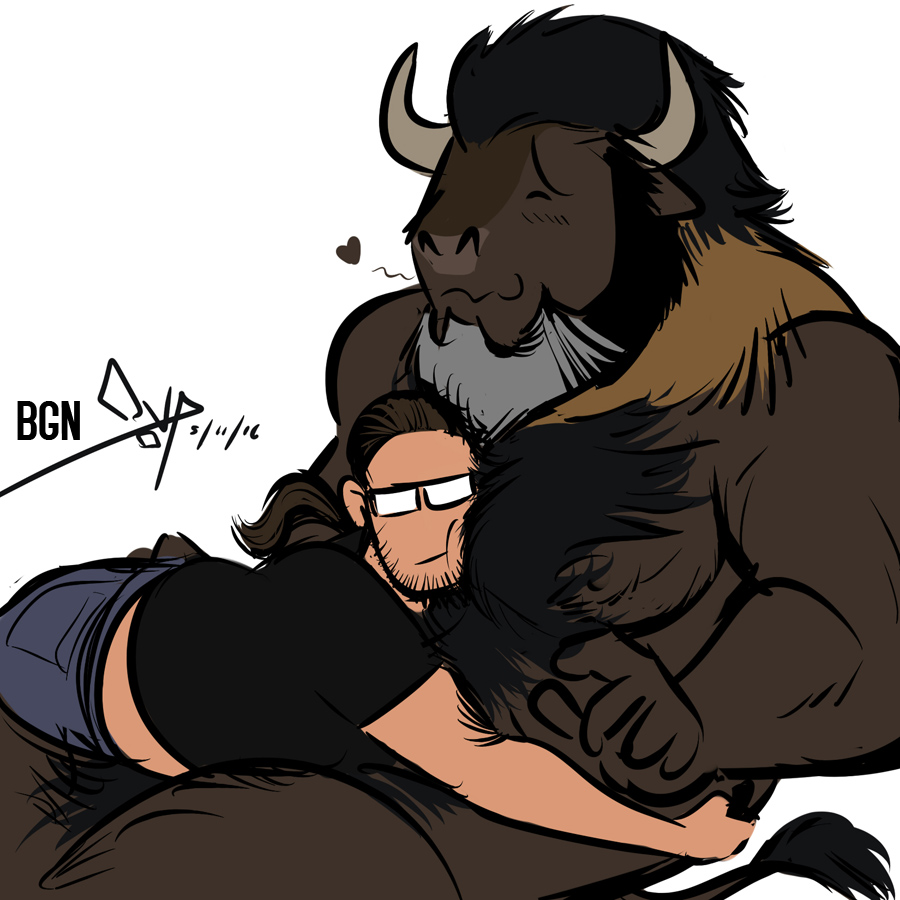 &lt;3 2016 5_fingers anthro bgn bison black_clothing black_eyebrows black_fur black_hair black_shirt black_topwear blue_bottomwear blue_clothing blue_pants blush bovine brown_fur brown_hair brown_tail buffalo clothed clothing cuddling digital_media_(artwork) duo eyebrows eyes_closed eyewear fully_clothed fur gilberto_(bgn) glasses grey_horn hair horn human light_skin long_hair male male/male mammal multicolored_fur noseless nude pants ponytail shirt signature simple_background sitting smile tail_tuft tuft white_background