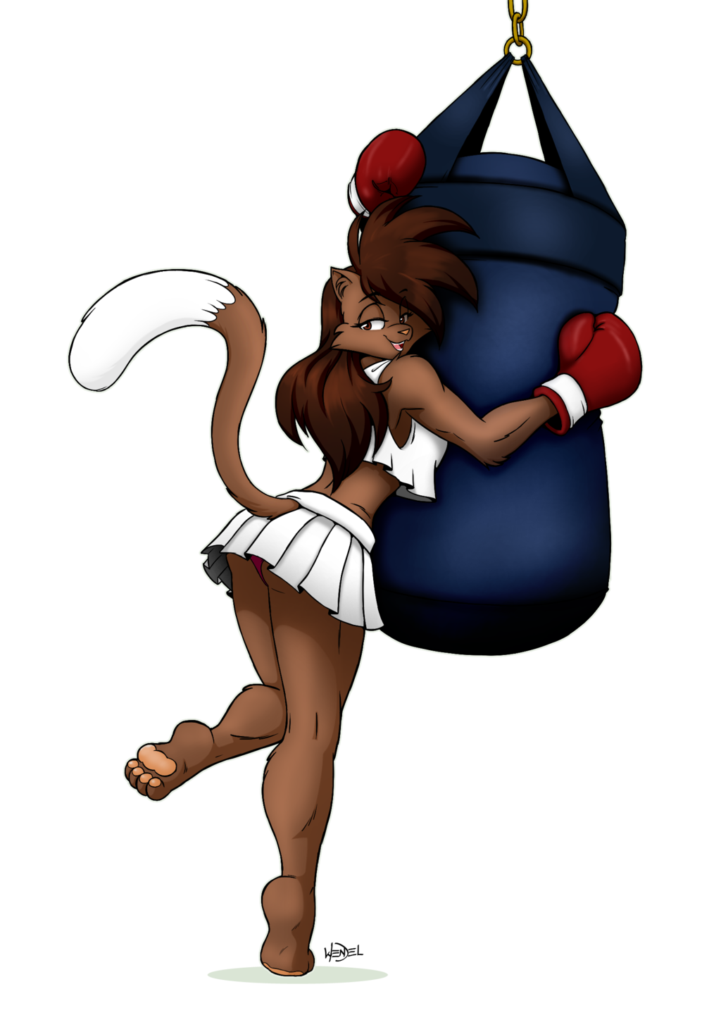 anthro athletic boxing boxing_gloves bra brown_eyes brown_fur brown_hair cat clothing deborah_bispo_(character) dipstick_tail drawing-4ever eyebrows eyelashes feline female fur hair half-closed_eyes inner_ear_fluff leaning looking_back mammal multicolored_tail open_mouth open_smile panties pawpads paws pink_nose pinup pose punching_bag raised_leg signature skirt smile solo sport underwear wendel2