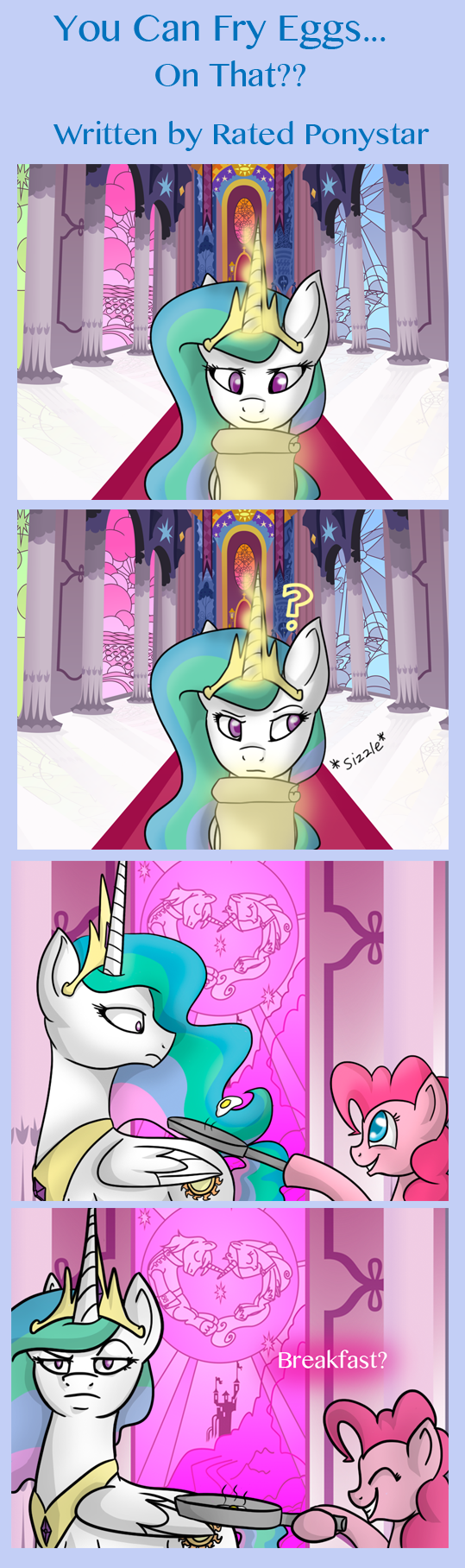 2016 ? blue_border blue_eyes collaboration comic cooking crown cutie_mark dialogue duo earth_pony egg english_text equine eyes_closed feathered_wings feathers female food friendship_is_magic frying_pan hair horn horse inside jewelry looking_at_viewer looking_back magic mammal meme meownimator multicolored_hair my_little_pony open_mouth pink_hair pinkie_pie_(mlp) pony princess_celestia_(mlp) purple_eyes rated-r-ponystar royalty scroll smile text throne_room winged_unicorn wings