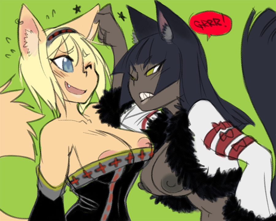 anthro armwear big_breasts black_friday_(crybringer) black_hair blonde_hair blue_eyes breasts canine cleavage clothed clothing commentary crybringer dark_areola dark_nipples detached_sleeves duo ear_pull fangs female fox friday_(crybringer) green_eyes grey_skin hair hairband long_hair mammal one_eye_closed wink
