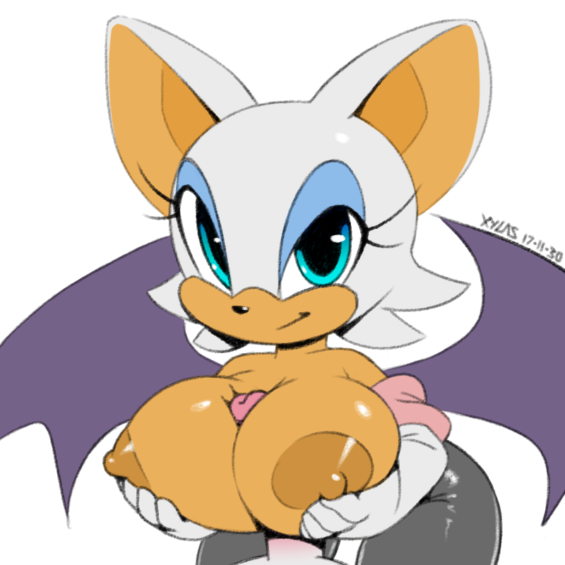 2017 anthro areola bat bat_wings big_areola big_breasts breasts clothed clothing digital_media_(artwork) duo eyelashes female huge_breasts looking_at_viewer makeup male male/female mammal mascara membranous_wings penis rouge_the_bat sex simple_background smile smirk solo_focus sonic_(series) titfuck topless white_background wings xylas