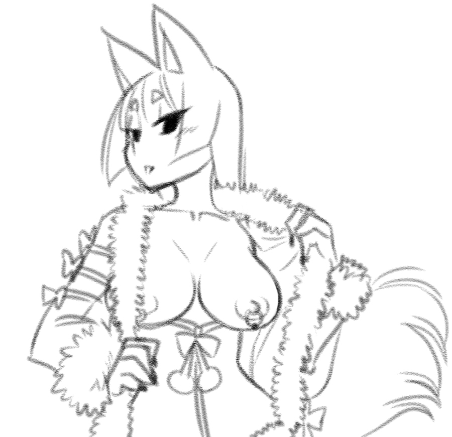 anthro big_breasts black_friday_(crybringer) breasts canine clothing crybringer female fox hair long_hair looking_at_viewer mammal monochrome nipple_piercing nipples one_breast_out piercing sketch solo