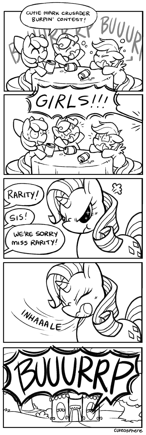 2013 angry apple_bloom_(mlp) beverage black_and_white burping can comic cuteosphere dialogue digital_media_(artwork) earth_pony equine female feral friendship_is_magic group horn horse inhale mammal monochrome my_little_pony pegasus pony rarity_(mlp) ribbons scootaloo_(mlp) speech_bubble sweetie_belle_(mlp) table unicorn wings young