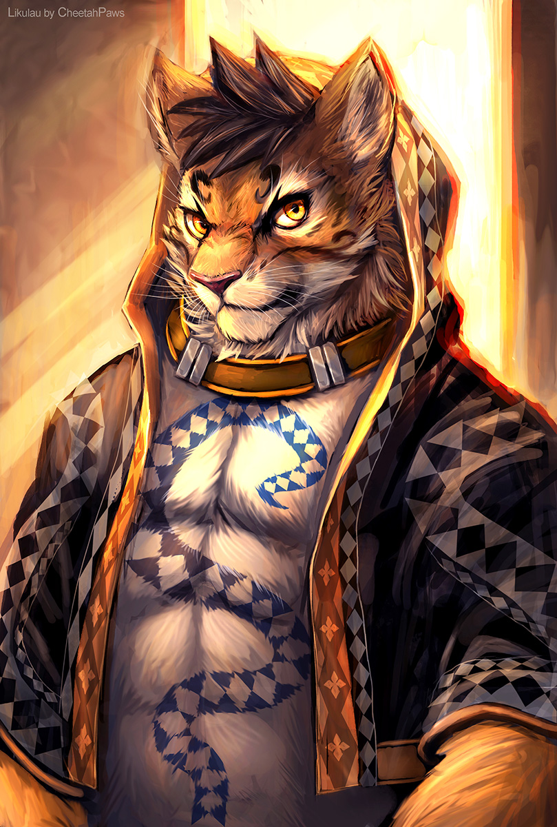 cheetahpaws clothed clothing clouded_leopard collar countershade_face countershading feline fur hair half-length_portrait hood hoodie inside invalid_tag lighting likulau looking_at_viewer mammal nekojishi open_shirt pecs pink_nose portrait signature tattoo whiskers yellow_eyes