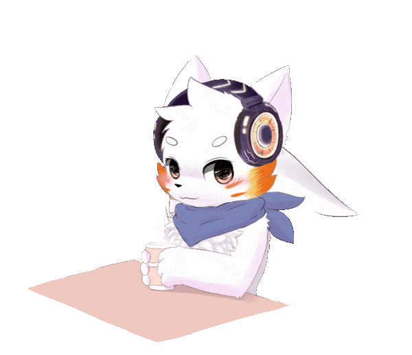 2017 animated beverage canine cup cute headphones headset lyricwulf male mammal scarf senz table tea waving_tail wolf