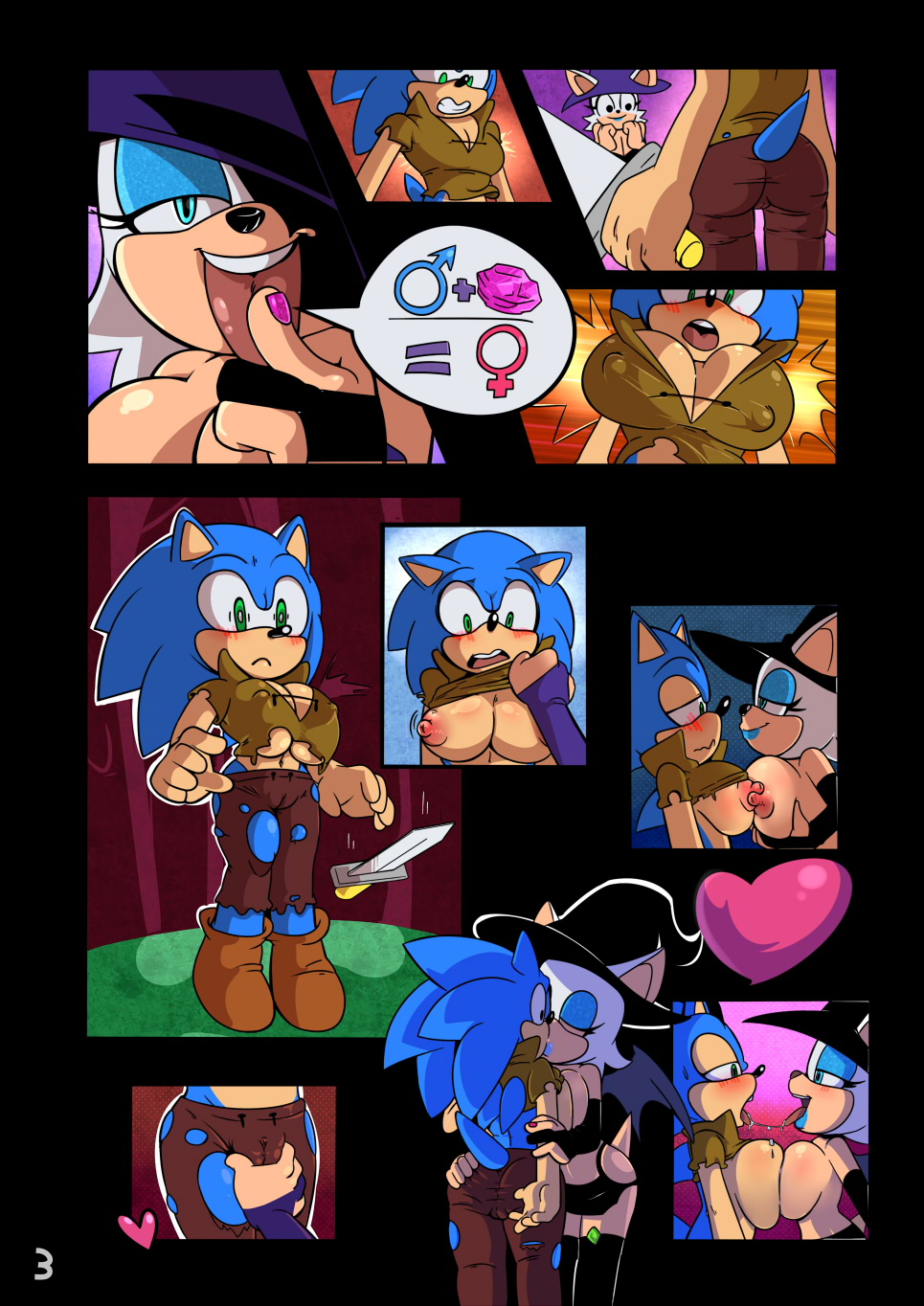 &lt;3 armwear bat big_breasts blue_eyes blue_lipstick blush breast_squish breasts camel_toe clothed clothing cuisine elbow_gloves female female/female french_kissing gender_transformation gloves green_eyes hat hedgehog kissing legwear mammal melee_weapon nipples rouge_the_bat skimpy sonic_(series) sonic_the_hedgehog stockings sword thigh_highs transformation weapon witch_hat