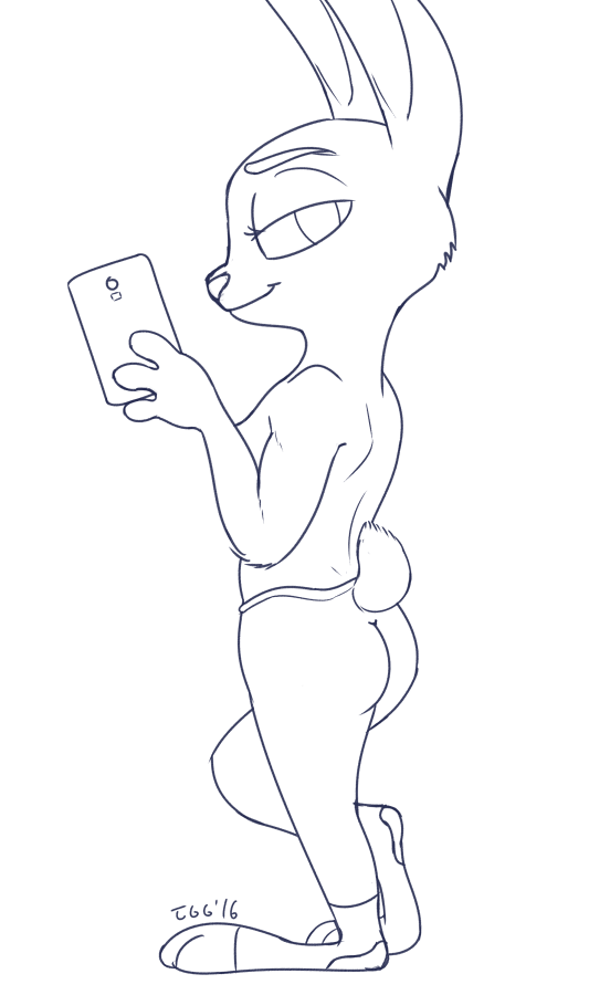 2016 anthro bedroom_eyes black_and_white butt cellphone clothed clothing disney female furgonomics half-closed_eyes holding_object holding_phone judy_hopps lagomorph looking_at_viewer mammal monochrome phone rabbit seductive selfie side_view signature simple_background smile solo standing tail_clothing tggeko topless white_background zootopia