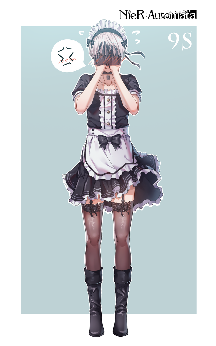 &gt;_&lt; alternate_costume apron black_bow black_collar black_footwear black_gloves black_hairband black_ribbon blush boots bow brown_legwear buttons center_frills character_name collarbone copyright_name covering_face crossdressing dress embarrassed enmaided facing_viewer flying_sweatdrops frilled_dress frills full-face_blush full_body garter_straps gloves green_background hair_ribbon hairband half_gloves highres knee_boots legs_apart maid maid_headdress male_focus nier_(series) nier_automata ribbon shiny shiny_hair short_sleeves silver_hair simple_background solo spoken_blush spoken_face standing thighhighs tight_(ohmygod) waist_apron wavy_mouth white_apron wind wind_lift yorha_no._9_type_s