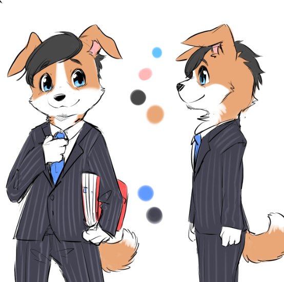 anthro binder black_hair blue_eyes blue_tie business_suit canine clothed clothing color_swatch concept_art coronta_(tenshoku_safari) dog fur hair male mammal multicolored_fur necktie official_art pants suit tenshoku_safari two_tone_fur unknown_artist