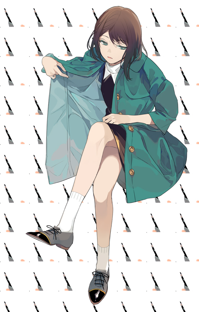 bangs black_skirt brown_hair coat commentary_request crossed_legs eyebrows_visible_through_hair green_eyes grey_footwear lowe_(slow) open_clothes open_coat original parted_lips pencil_skirt shoes skirt socks solo swept_bangs turtleneck white_legwear