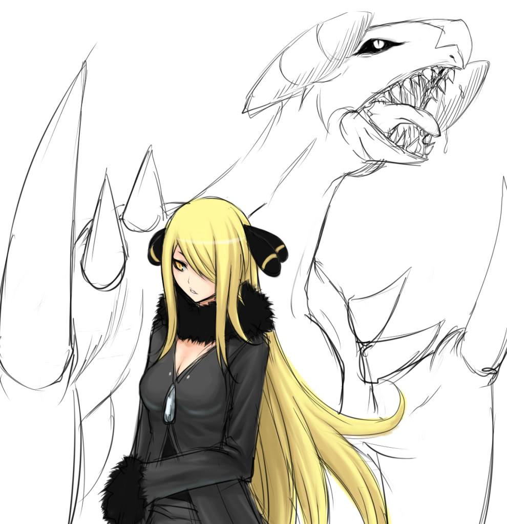 1girl blonde_hair breasts bust cleavage fur_collar fur_trim garchomp hair_ornament hair_over_one_eye lang_(chikage36) long_hair looking_to_the_side open_mouth parted_lips pokemon pokemon_(creature) pokemon_(game) pokemon_dppt saliva sharp_teeth shirona_(pokemon) sketch spikes teeth white_background yellow_eyes