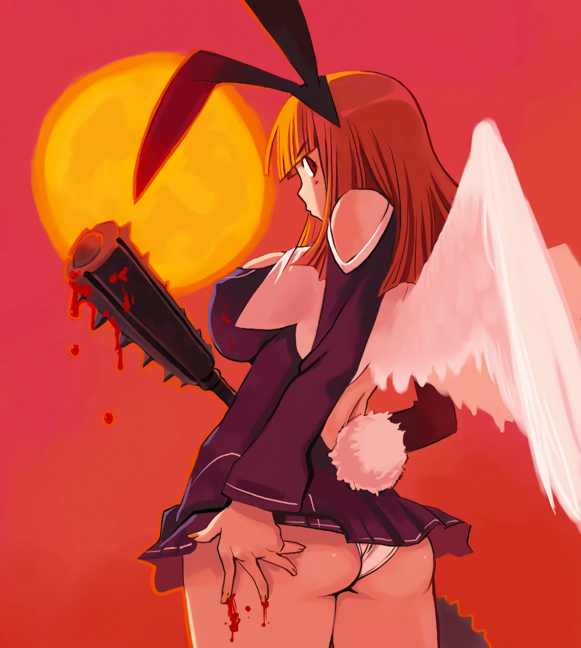 animal_ears ass bangs blood blunt_bangs breasts bunny_tail covered_nipples cowboy_shot dripping fake_animal_ears feathered_wings hairband large_breasts long_hair long_sleeves looking_at_viewer minigirl original panties polearm profile red red_background red_eyes ryoji_(nomura_ryouji) shoulder_cutout solo tail underwear weapon white_panties white_wings wings
