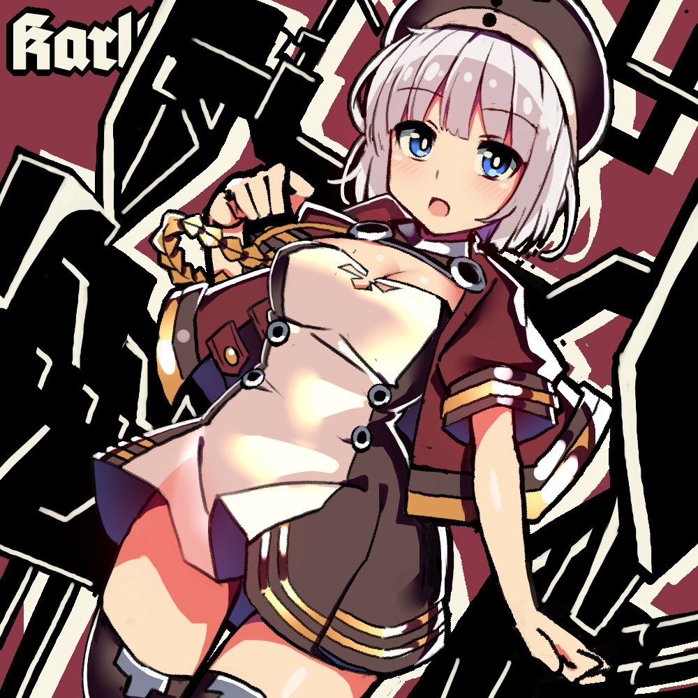 1girl aiguillette arm_at_side azur_lane bangs beret black_hat black_legwear blue_eyes blush bob_cut breasts bright_pupils buttons character_name cleavage cropped_jacket dress dutch_angle eyebrows eyebrows_visible_through_hair eyelashes hair_between_eyes hat jacket karlsruhe_(azur_lane) machinery medium_breasts military military_uniform multicolored multicolored_clothes multicolored_dress open_clothes open_jacket open_mouth red_background red_jacket short_dress short_hair short_sleeves silhouette silver_hair solo text_focus thigh_gap thighhighs tongue turret uniform white_pupils