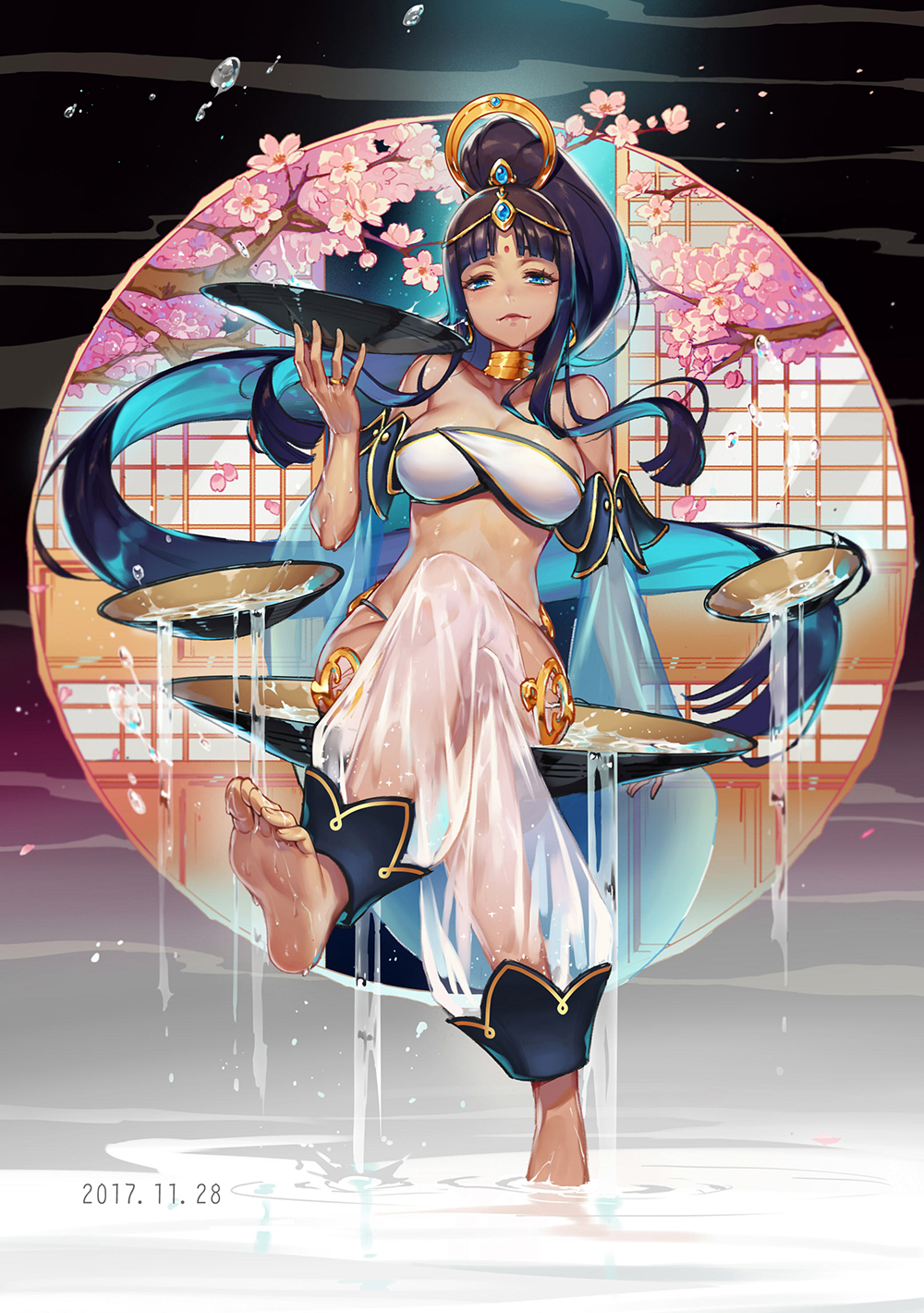 bare_shoulders barefoot black_hair blue_eyes blush bowl breasts cleavage closed_mouth collarbone crossed_legs dark_skin dated eyebrows feet forever_7th_capital high_ponytail highres holding holding_bowl large_breasts long_hair looking_at_viewer luode_huayuan sitting soles solo water