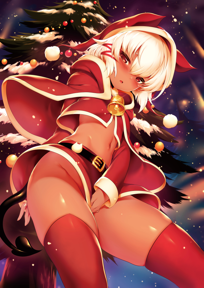 :o animal_hat arm_behind_back bell belt belt_buckle blonde_hair blush buckle christmas christmas_tree covering covering_crotch cowboy_shot crop_top dark_skin demon_tail embarrassed foreshortening from_below glint groin hair_between_eyes hair_ribbon half-closed_eyes hat long_sleeves looking_at_viewer looking_down m-da_s-tarou midriff navel night night_sky no_panties open_mouth outdoors red_eyes red_hat red_legwear red_ribbon red_skirt ribbon rocoroco santa_hat shiny shiny_skin short_hair skindentation skirt skirt_pull sky solo standing stomach tail tanaka_the_wizard thighhighs
