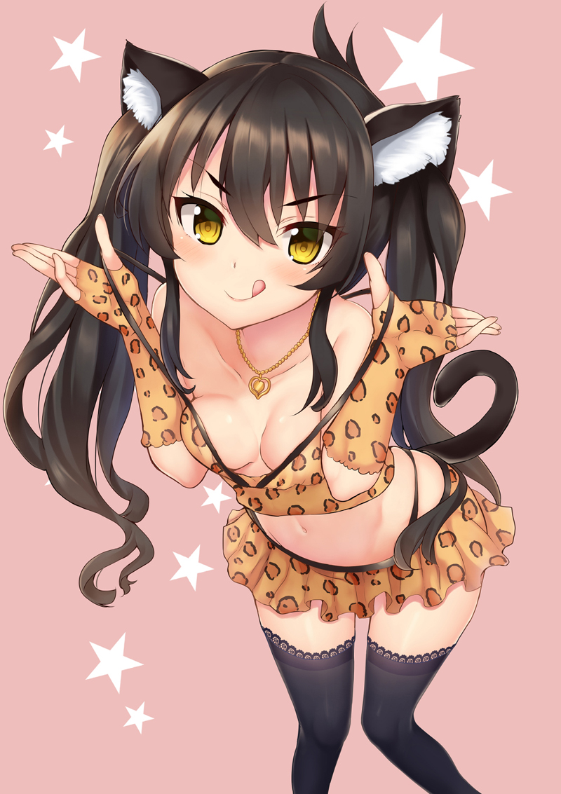 :q animal_ears animal_print bangs bare_shoulders black_hair black_legwear black_panties blush breasts cat_ears cat_girl cat_tail cleavage closed_mouth collarbone commentary_request crop_top elbow_gloves eyebrows_visible_through_hair fingerless_gloves foreshortening from_above gloves hair_between_eyes heart heart_necklace idolmaster idolmaster_cinderella_girls jewelry kazuchi kemonomimi_mode knees_together_feet_apart lace lace-trimmed_thighhighs leaning_forward leopard_print long_hair looking_at_viewer looking_up matoba_risa medium_breasts microskirt midriff navel panties pendant pink_background pleated_skirt print_gloves print_shirt print_skirt pulled_by_self shirt simple_background skirt sleeveless sleeveless_shirt smile solo spaghetti_strap standing star starry_background strap_pull tail thighhighs tongue tongue_out tsurime twintails underwear v-shaped_eyebrows very_long_hair yellow_eyes