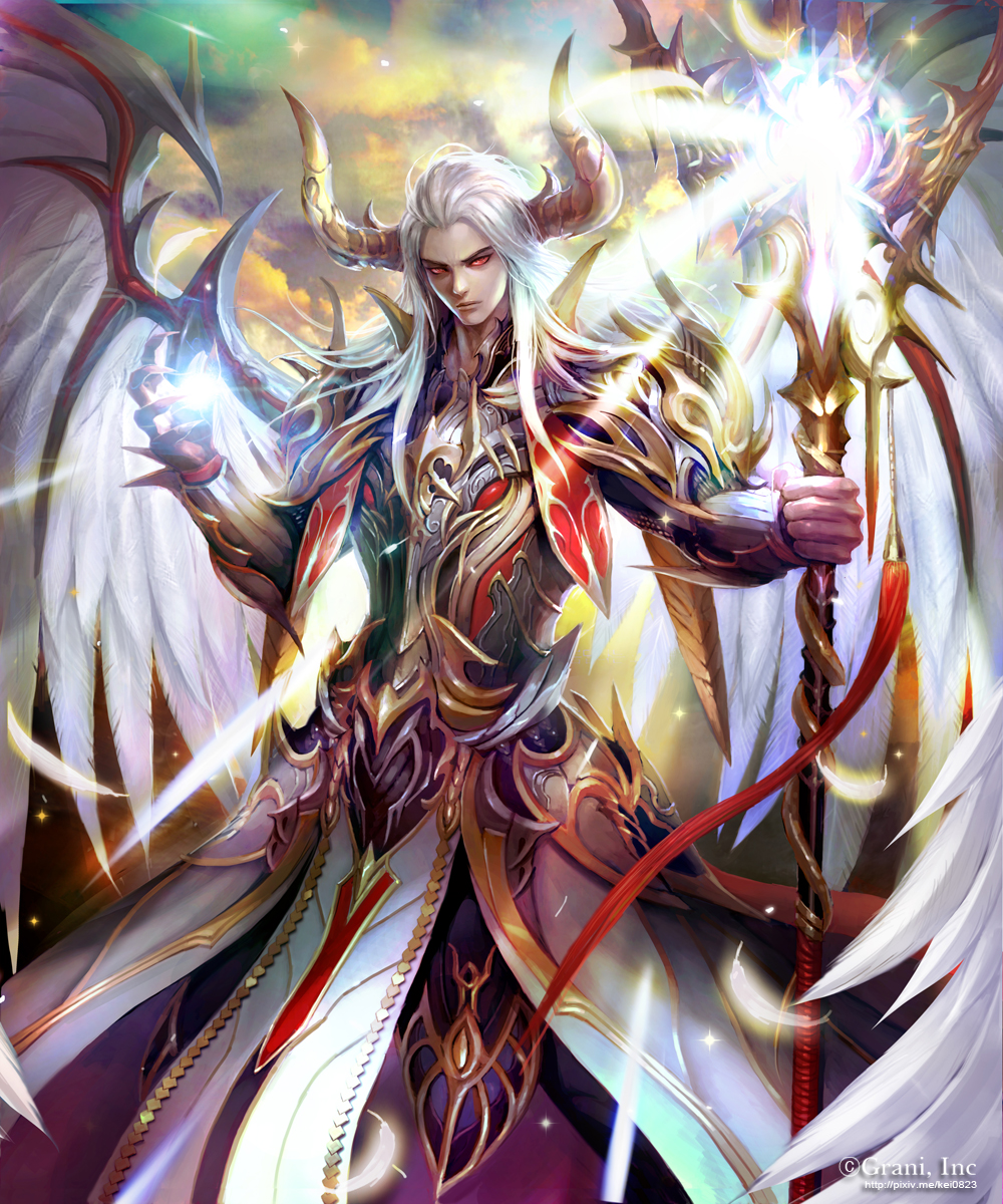 armor highres holding holding_staff horns kei1115 light long_hair looking_at_viewer magic male_focus monster_boy outdoors red_eyes shingoku_no_valhalla_gate staff standing watermark web_address white_hair white_wings wings