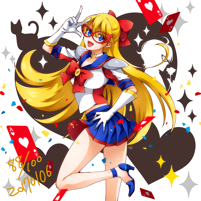 :d aino_minako bare_legs bishoujo_senshi_sailor_moon blonde_hair blue_eyes blue_footwear blue_sailor_collar blue_skirt bow card choker cowboy_shot dated gloves hair_bow half_updo hand_on_hip heart high_heels long_hair looking_at_viewer magical_girl mask open_mouth playing_card pleated_skirt red_bow sailor_collar sailor_senshi_uniform sailor_v shoulder_pads skirt smile solo standing standing_on_one_leg v white_background white_gloves white_neckwear yoji.