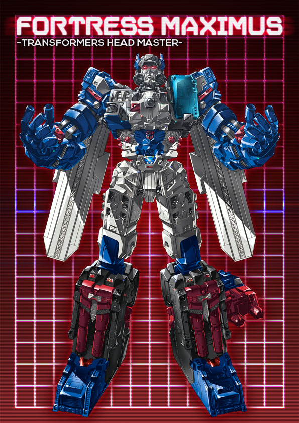 80s autobot cannon character_name commentary_request copyright_name fortress_maximus full_body glowing glowing_eyes grid grid_background insignia looking_at_viewer mecha no_humans oldschool paintedmike red_background red_eyes solo standing transformers transformers:_the_headmasters weapon