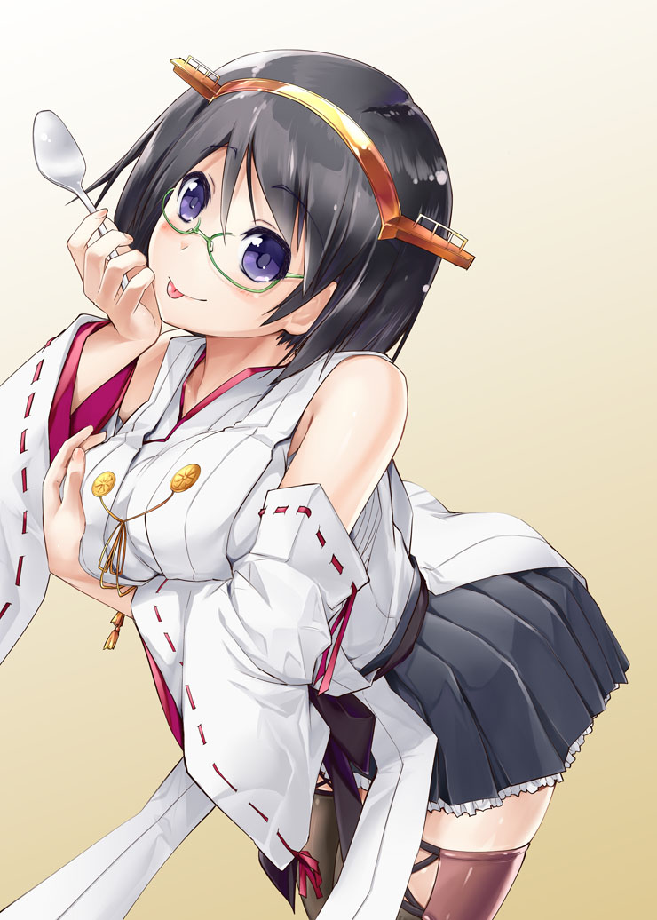 black_hair black_skirt boots breast_hold breasts commentary_request detached_sleeves glasses gradient gradient_background kantai_collection kirishima_(kantai_collection) large_breasts nontraditional_miko purple_eyes remodel_(kantai_collection) sarashi short_hair skirt solo spoon thigh_boots thighhighs tongue tongue_out yuugo_(atmosphere) zettai_ryouiki