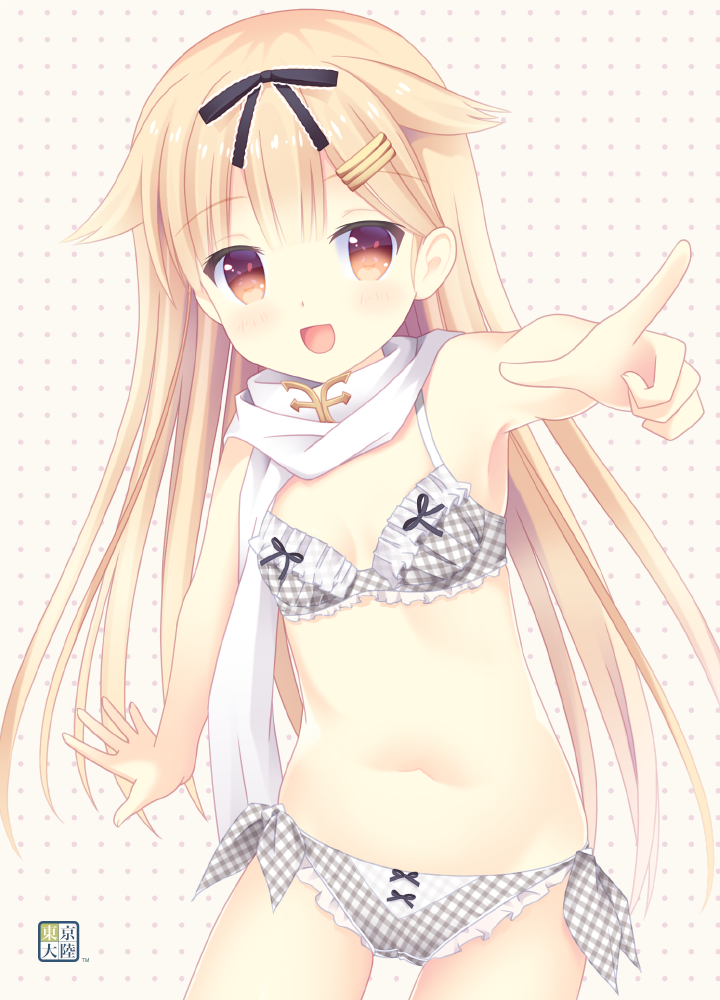 :d armpits blonde_hair bra breasts cleavage commentary_request cowboy_shot frilled_bra frilled_panties frills grey_bra grey_panties hair_flaps hair_ornament hairclip kantai_collection kurasawa_kyoushou long_hair navel open_mouth panties plaid plaid_bra plaid_panties pointing polka_dot polka_dot_background red_eyes remodel_(kantai_collection) scarf side-tie_panties small_breasts smile solo underwear underwear_only white_background white_scarf yuudachi_(kantai_collection)