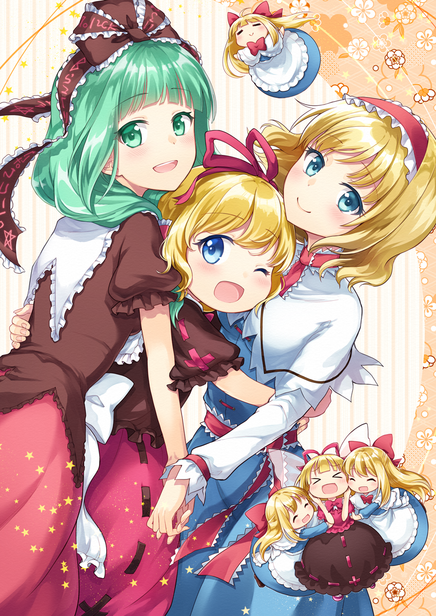 &gt;_&lt; :d ;d =v= ^_^ alice_margatroid apron bangs blonde_hair blue_dress blue_eyes blunt_bangs blush bow brown_blouse capelet closed_eyes commentary_request cowboy_shot dress fairy_wings front_ponytail girl_sandwich green_eyes green_hair hair_bow hair_ribbon hairband highres hug kagiyama_hina lolita_hairband long_sleeves looking_at_viewer medicine_melancholy mito_tsubaki multiple_girls one_eye_closed open_mouth puffy_short_sleeves puffy_sleeves red_skirt ribbon sandwiched sash shanghai_doll short_hair short_sleeves skirt smile su-san touhou waist_apron wings xd