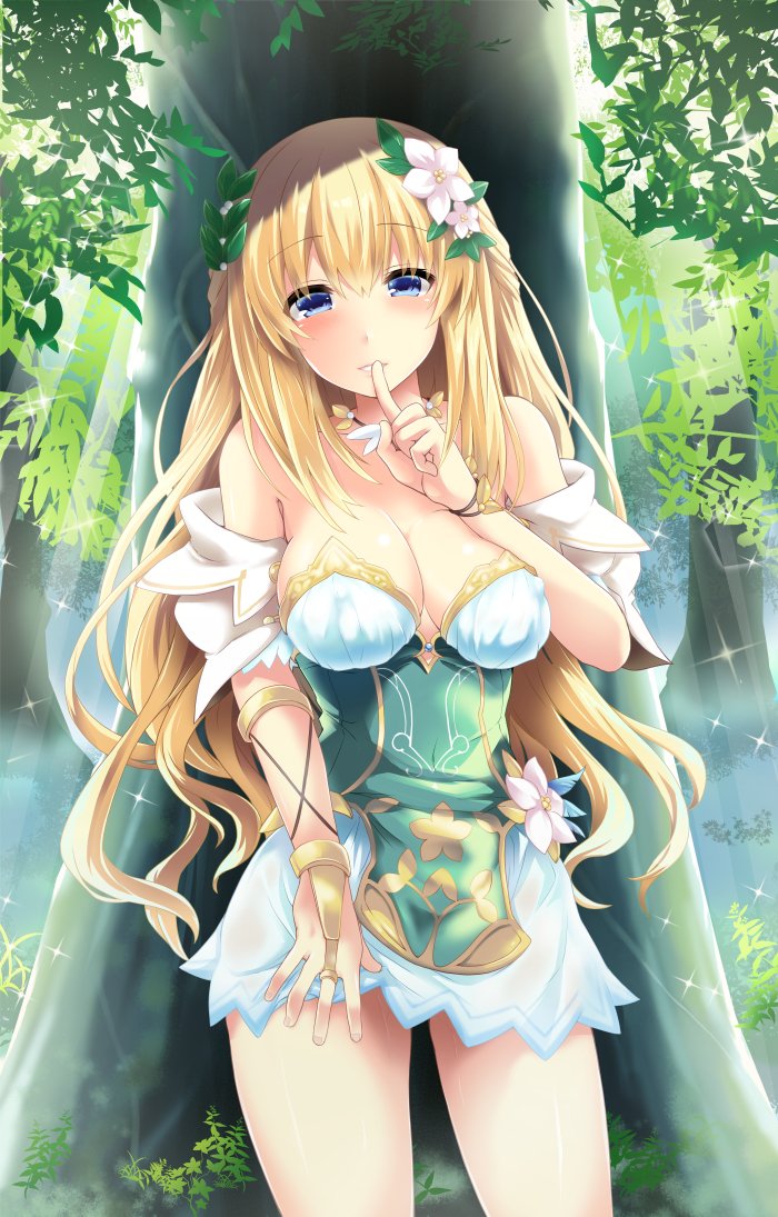 bare_shoulders blonde_hair blue_eyes blush braid breasts choujigen_game_neptune cleavage closed_mouth collarbone covered_nipples day detached_collar dress finger_to_mouth flower forest four_goddesses_online:_cyber_dimension_neptune french_braid full-face_blush hair_flower hair_ornament index_finger_raised large_breasts long_hair looking_at_viewer nature neptune_(series) no_bra outdoors shinjitsu_(true_ride) shiny shiny_hair shiny_skin shushing skirt smile solo tied_hair vert very_long_hair