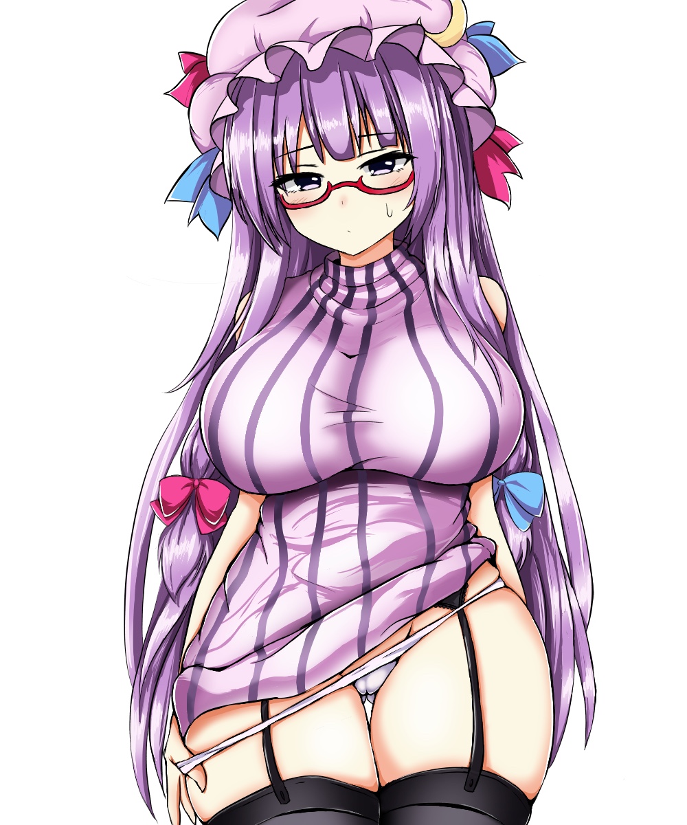 ass_visible_through_thighs bangs bespectacled black_legwear blue_bow blunt_bangs bow breasts cameltoe commentary_request cowboy_shot crescent crescent_hair_ornament dress garter_straps glasses hair_bow hair_ornament hat highres isshin_(sasayamakids) large_breasts long_hair looking_at_viewer mob_cap panties panty_pull patchouli_knowledge pulled_by_self purple_dress purple_eyes purple_hair purple_hat red-framed_eyewear red_bow short_dress simple_background solo striped striped_dress thick_thighs thigh_gap thighhighs thighs touhou underwear very_long_hair white_background white_panties