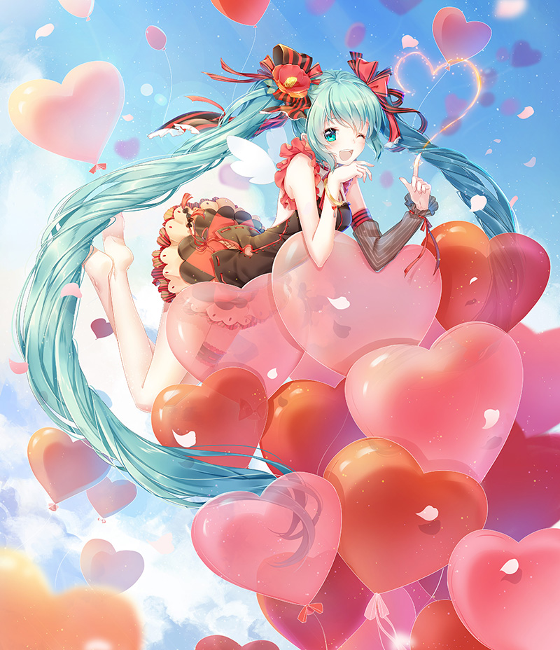 ;d aqua_eyes aqua_hair balloon bangs bare_arms bare_legs bare_shoulders barefoot black_dress blue_sky blurry blurry_background blush bow cat_princess day depth_of_field detached_sleeves detached_wings dress flower full_body hair_bow hair_flower hair_ornament hand_on_own_chin hatsune_miku heart_balloon index_finger_raised layered_dress leaning_forward leg_garter long_hair long_sleeves looking_at_viewer one_eye_closed open_mouth outdoors petals red_bow shiny shiny_hair single_detached_sleeve sky sleeveless sleeveless_dress smile solo striped striped_bow transparent very_long_hair vocaloid white_wings wings