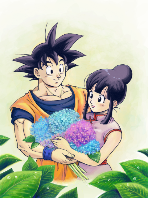 1girl black_eyes black_hair bouquet chi-chi_(dragon_ball) chinese_clothes couple dew_drop dougi dragon_ball dragon_ball_z dress flower hetero hydrangea masa_(p-piyo) open_mouth plant short_hair simple_background smile son_gokuu spiked_hair tied_hair water_drop white_background wristband
