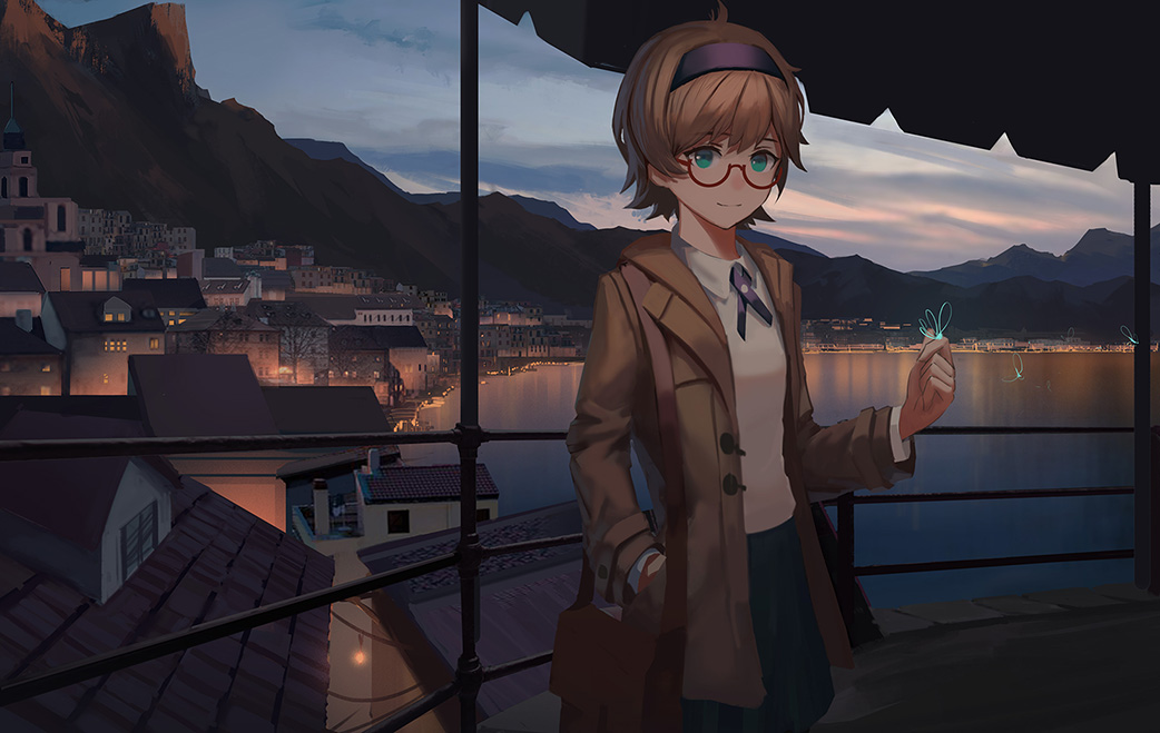 aqua_eyes bag brown_hair coat collared_shirt doren dusk glasses hairband hand_in_pocket light_smile little_witch_academia long_sleeves looking_at_viewer lotte_jansson messenger_bag mountain neck_ribbon open_clothes open_coat outdoors railing red-framed_eyewear ribbon rooftop semi-rimless_eyewear shirt shore short_hair shoulder_bag skirt solo standing town under-rim_eyewear water