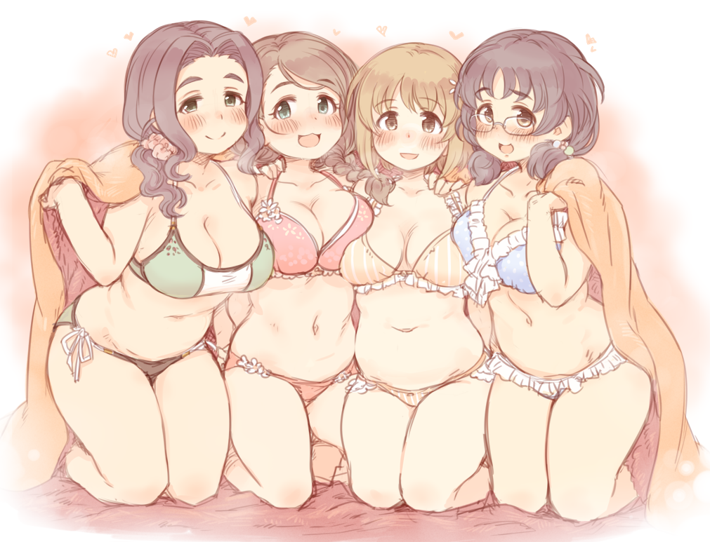 7010 :d akanishi_erika asano_fuuka belly black_hair blonde_hair blush braid breast_press breasts brown_eyes brown_hair cleavage collarbone commentary_request ebihara_naho eyebrows_visible_through_hair girl_sandwich glasses green_eyes hair_ornament heart idolmaster idolmaster_cinderella_girls kneeling large_breasts long_hair looking_at_viewer mimura_kanako multiple_girls navel open_mouth plump sandwiched short_hair smile thighs under_covers underwear underwear_only