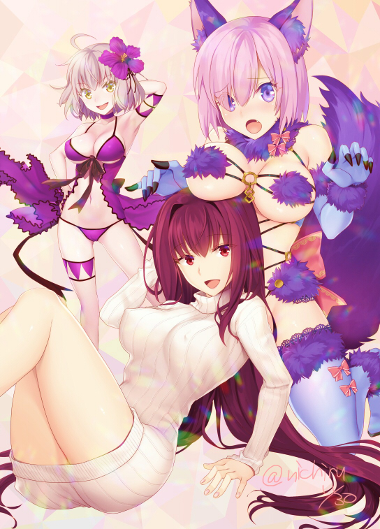 animal_ears arm_behind_head bikini blue_gloves blue_legwear blush breasts covered_nipples dangerous_beast dated elbow_gloves fate/grand_order fate_(series) flower gloves hair_flower hair_ornament jeanne_d'arc_(alter)_(fate) jeanne_d'arc_(fate)_(all) kneeling large_breasts long_hair mash_kyrielight medium_breasts multiple_girls nichiru open_mouth purple_bikini purple_eyes purple_hair ribbed_sweater scathach_(fate)_(all) scathach_(fate/grand_order) signature sitting sweater swimsuit tail thighhighs twitter_username very_long_hair wolf_ears wolf_tail