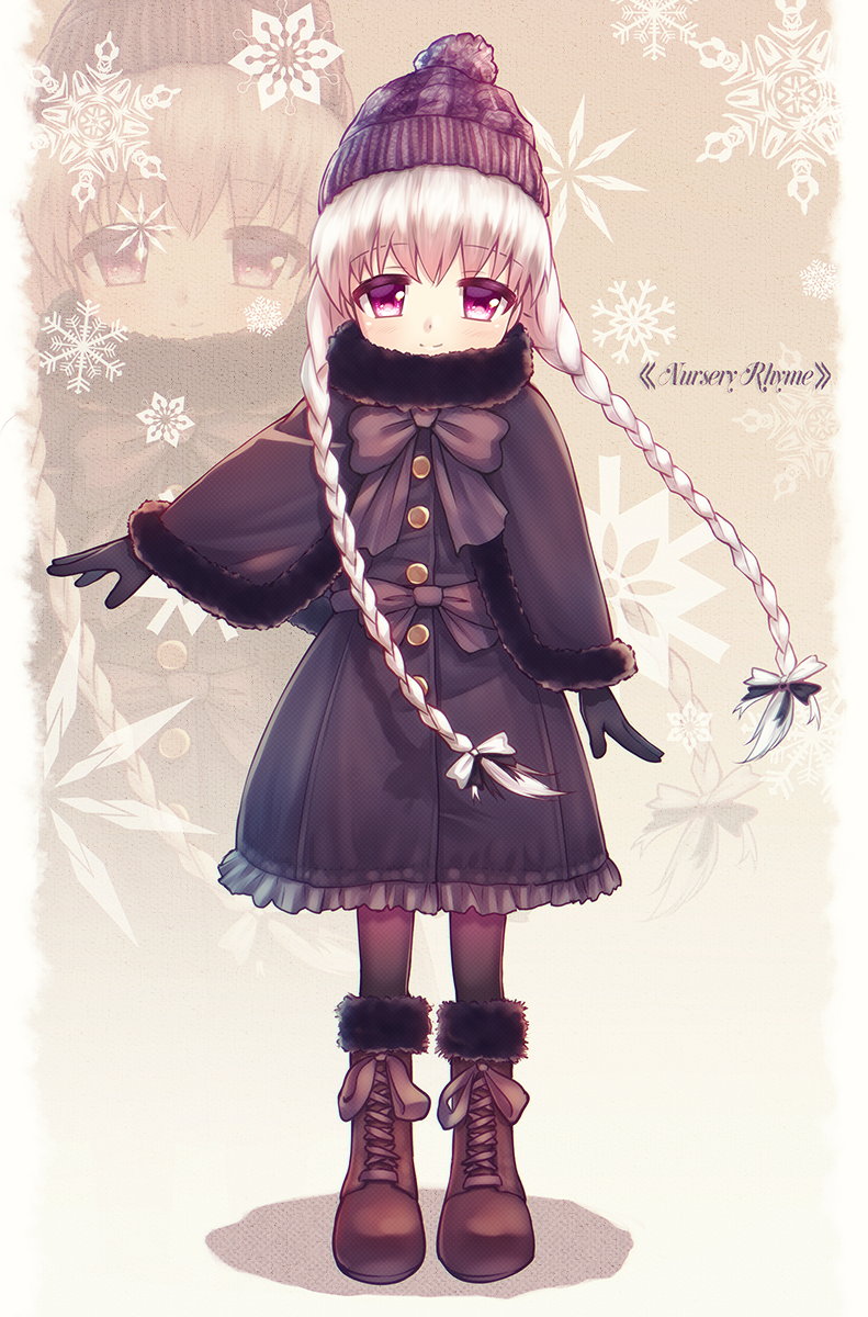 arm_at_side bangs beanie black_bow black_capelet black_dress black_gloves black_hat black_legwear blush boots bow bowtie braid brown_background brown_footwear capelet character_name closed_mouth commentary_request cross-laced_footwear dress eyebrows_visible_through_hair fal fate/extra fate_(series) frilled_dress frills full_body fur-trimmed_boots fur-trimmed_capelet fur_collar fur_trim gloves hair_bow hat head_tilt highres lace-up_boots long_hair looking_at_viewer low_twintails nursery_rhyme_(fate/extra) outstretched_arm pantyhose silver_hair smile snowflake_background solo standing twin_braids twintails very_long_hair white_bow zoom_layer