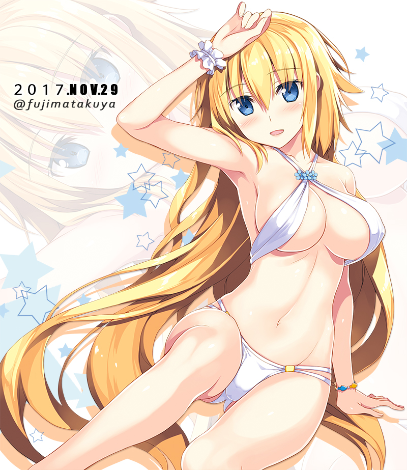 alternate_hairstyle arm_support ass_visible_through_thighs bikini blonde_hair blue_eyes blush breasts commentary_request criss-cross_halter dated eyebrows_visible_through_hair fate/apocrypha fate_(series) fujima_takuya halterneck jeanne_d'arc_(fate) jeanne_d'arc_(fate)_(all) large_breasts long_hair looking_at_viewer multi-strapped_bikini navel open_mouth scrunchie shiny shiny_hair shiny_skin sitting smile solo star swimsuit twitter_username underboob very_long_hair white_bikini white_scrunchie wrist_scrunchie zoom_layer