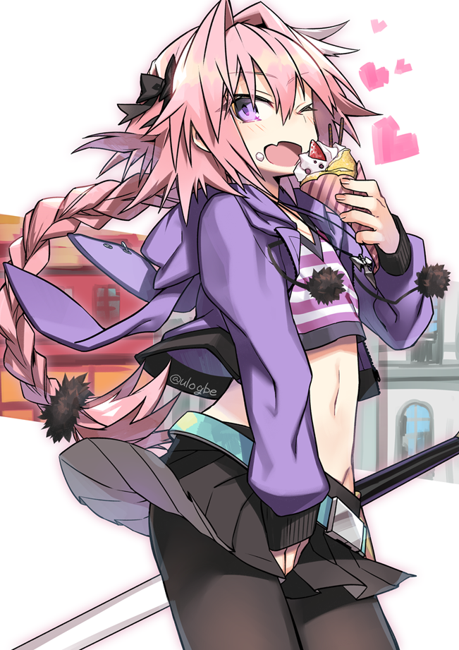 ;d animal_hood astolfo_(fate) belt black_bow black_ribbon black_skirt blush bow braid building bunny_hood casual cowboy_shot crepe crop_top fang fate/apocrypha fate/grand_order fate_(series) food food_on_face groin hair_intakes hair_ribbon heart holding holding_food hood hood_down hooded_jacket jacket long_hair long_sleeves looking_at_viewer male_focus multicolored_hair navel negi_(ulog'be) one_eye_closed open_clothes open_jacket open_mouth otoko_no_ko pantyhose parfait pink_hair pleated_skirt purple_eyes purple_jacket ribbon single_braid skirt skirt_pull smile standing stomach streaked_hair tsurime very_long_hair white_hair wind wind_lift wrapper