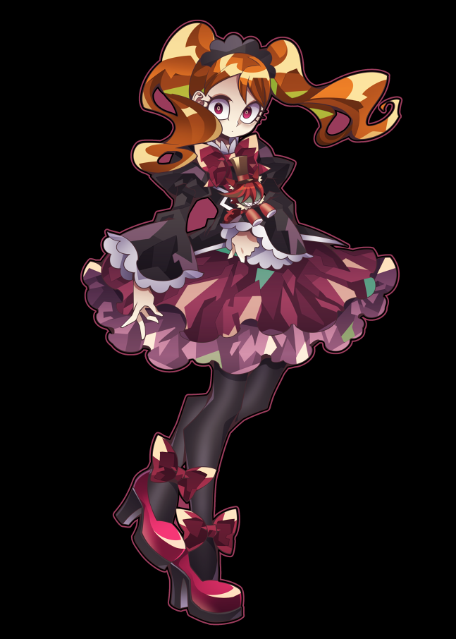 biburi_(precure) black_background black_blouse black_hairband black_legwear blouse bow brown_hair brown_hat character_doll cure_chocolat doll expressionless full_body fusion hairband hat high_heels holding holding_doll kirakira_precure_a_la_mode long_hair looking_at_viewer ninomae pantyhose precure purple_skirt red_bow red_eyes red_footwear red_hair shoes simple_background skirt solo standing top_hat twintails usami_ichika wide-eyed